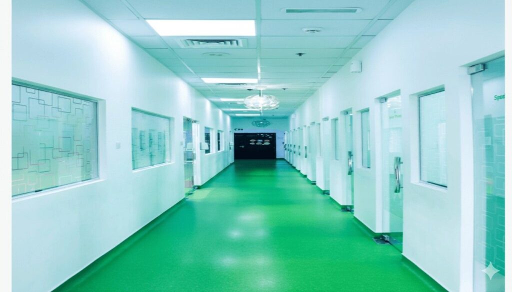 Modern therapy corridor at Jewel Autism and Child Development Center — the best speech therapy center in Dubai — with bright interiors and therapy room entrances on both sides.