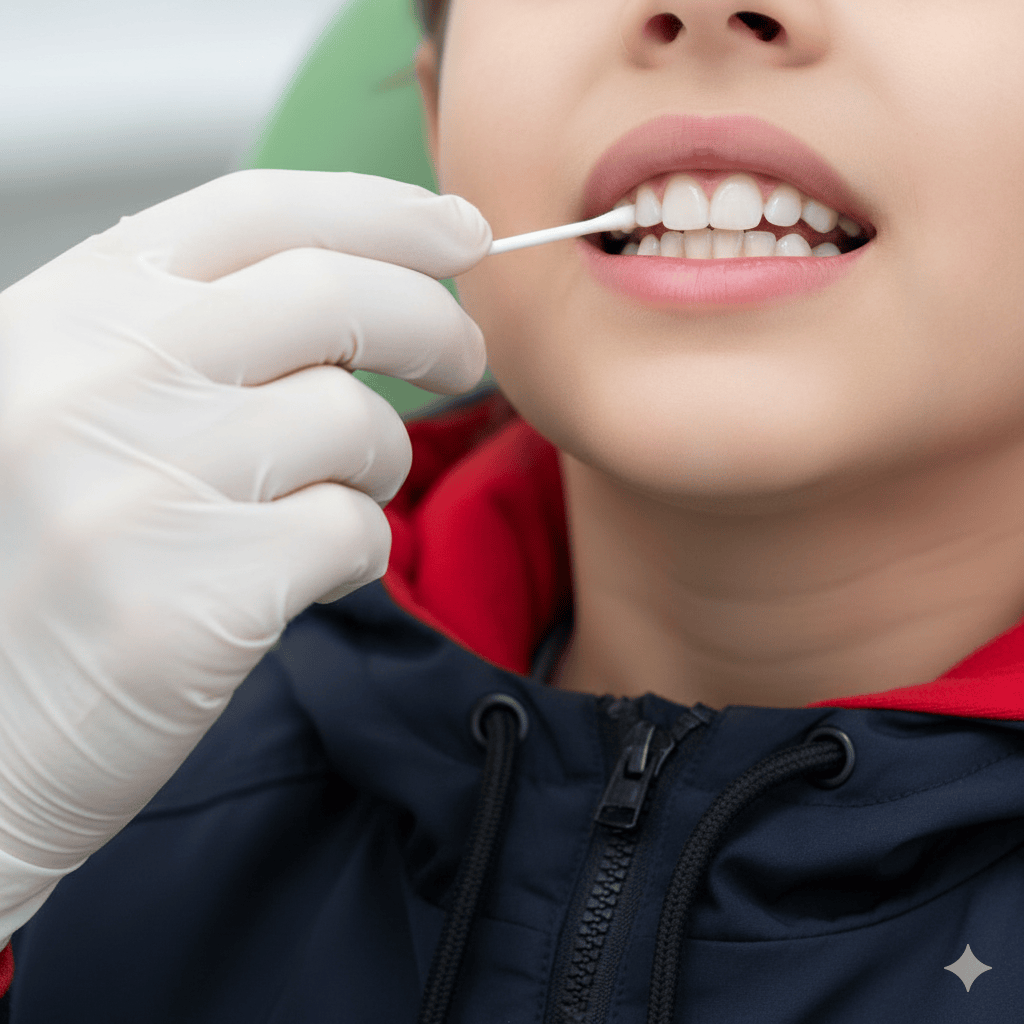 Child undergoing an oral swab test at the best speech therapy center in Dubai.